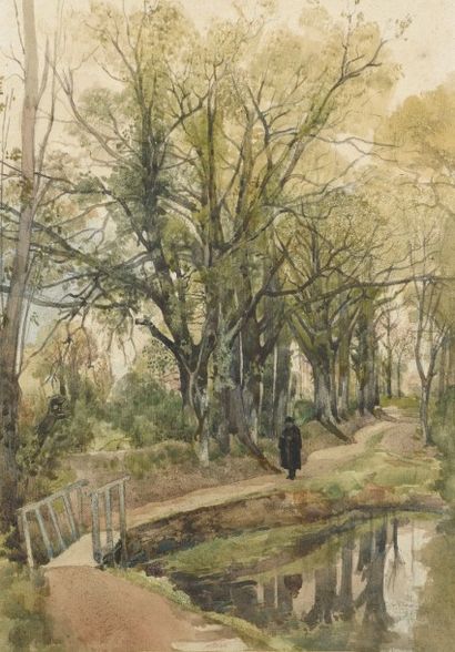 null Ambroise BAUDRY (1838 - 1906) Personnage habillé de noir lisant sur un chemin....