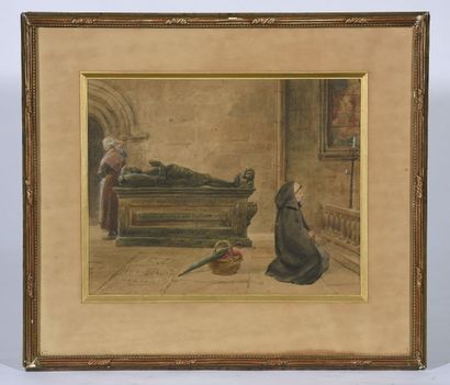 null Paul Louis Léger CHARDIN (1833 - 1918). Jeune femme priant devant le gisant...