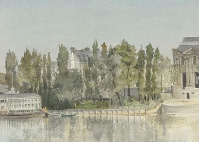 null Ambroise BAUDRY (1838 - 1906). Architectures en bord de fleuve. Aquarelle sur...