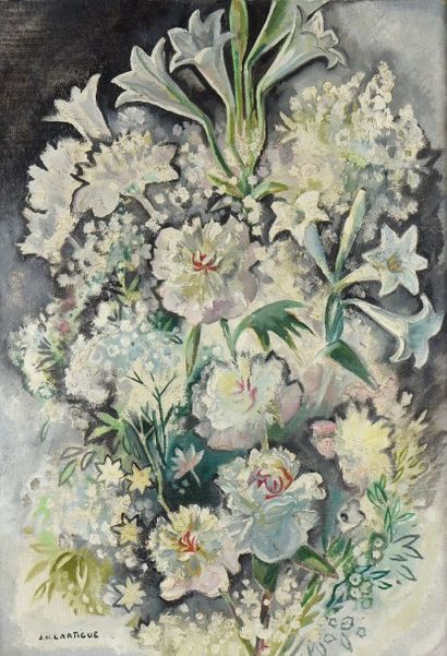 null Jacques Henri LARTIGUE (1894 - 1986) Grand bouquet de fleurs. Huile sur toile...