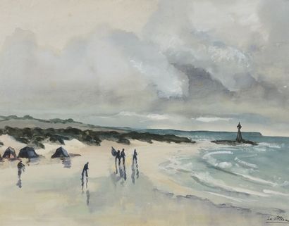 null Eliane de LA VILLÉON (1910-1969). La Plage animée. Aquarelle et gouache signée...