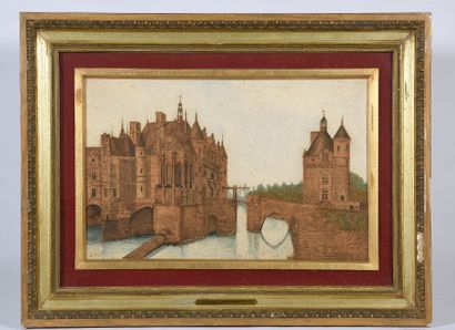 null Château de Chenonceau, composition en liège encadrée. Haut. : 31,5 - Larg. :...