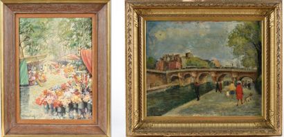 null Deux toiles : MARTIN (XXème siècle). Quai devant le Pont Neuf, huile sur toile,...