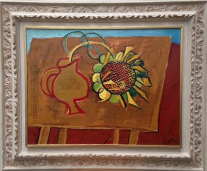 null Louis LATAPIE (1891-1972). Fleur de tournesol dans un broc rouge. Huile sur...