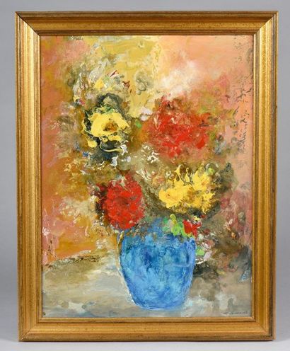 null GRESSANI Roger. Bouquet de fleurs dans un vase bleu. Huile sur toile signée...