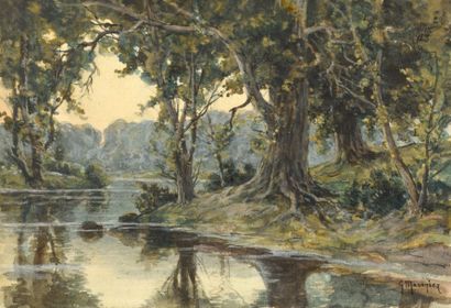 null Georges P. MARONIEZ (1865-1933). Etang aux grands arbres. Aquarelle signée en...