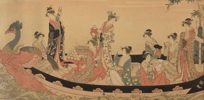 null Paire d'estampes japonaises encadrées. Femmes sur une barque et femmes dans...