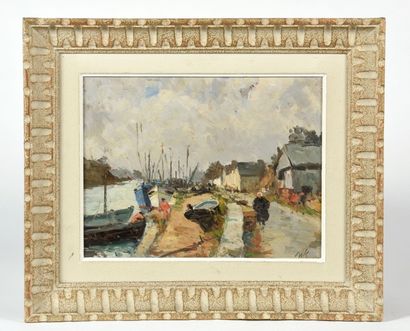 null SILS (XXe siècle). Barques et cabanes de pêcheurs. Huile sur panneau d'isorel...