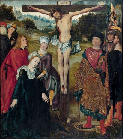 Le Maître de Francfort (né vers 1460 - actif à Anvers entre 1496 et 1520) La crucifixion.
Panneau...