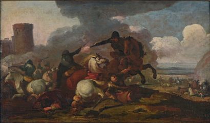 Marzio MASTURZO (actif à Naples vers 1670) Pendant et après le choc de cavalerie.
Paire...