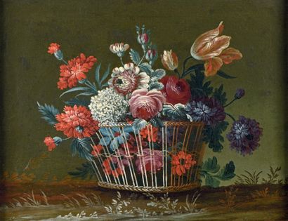 École FRANÇAISE de la fin du XVIIIe siècle Paniers fleuris.
Paire d'huiles sur toile...