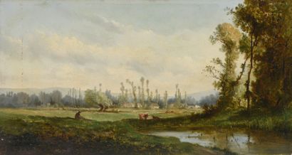 M. MAOUS (XIXe siècle) Vacher et son troupeau près d'un étang et lavandières.
Deux...