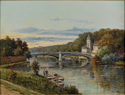 Gustave MASCART (Valenciennes, 1834 - 1914) Vue présumée du pont d'Argenteuil.
Huile...