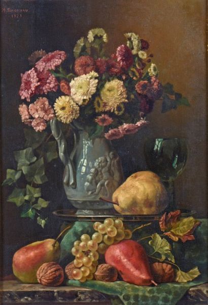 Henry DAGNEAU (né à Middelbourg, XIXe siècle) Bouquet de fleurs et fruits.
Huile...