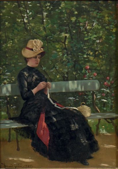 Armand GUERY (Reims, 1850 - Gueux, 1912) Jeune femme cousant dans un parc.
Huile...