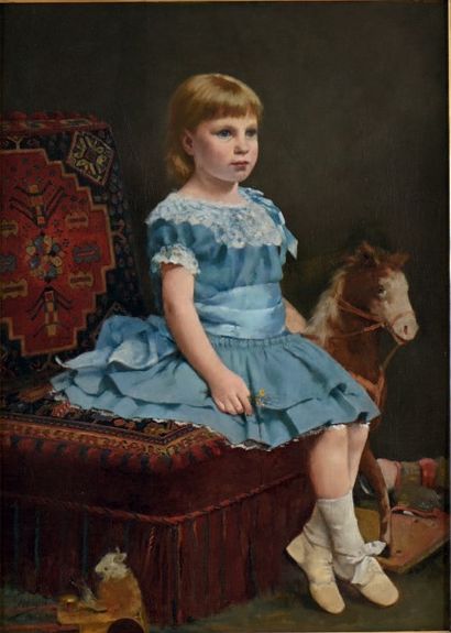 Léo A. MALEMPRÉ (1860 - 1901) Fillette en robe bleue aux jouets.
Huile sur toile...