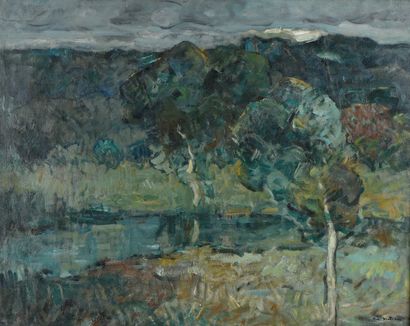 Abel BERTRAM (Saint-Omer, 1871 - Paris, 1954) «Le lac».
Huile sur toile signée en...