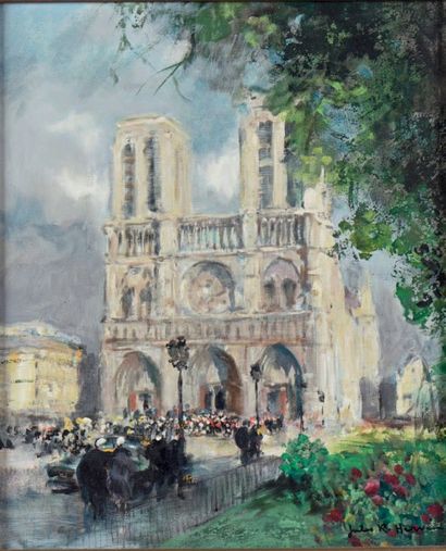 Jules René HERVÉ (Langres, 1887 - 1981) Procession sur le parvis de Notre-Dame.
Huile...