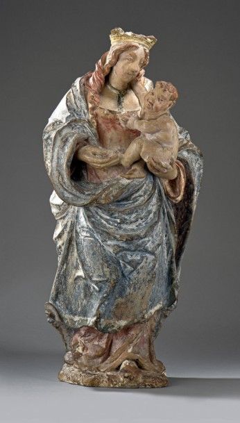 Bourgogne, fin du XVe siècle Vierge à l'Enfant.
Pierre calcaire sculptée polychrome...