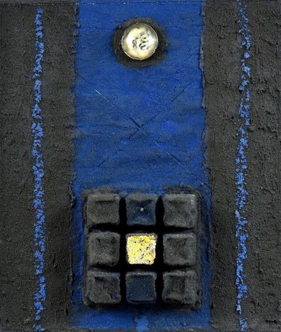 null Alain HUSSON DUMOUTIER. Composition en bleu et sable noir. Technique mixte monogrammée,...