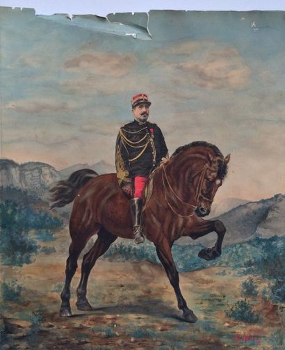 null A.B ASTIER (XIXe - XXe siècle). Portrait d'un officier à cheval, ayant la légion...