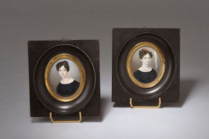 null Deux miniatures à l'aquarelle (usures). Epoque Napoléon III. 