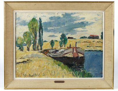 null Paul PETIT. Péniche. Huile sur toile. Haut. : 44 cm - Larg. : 60 cm