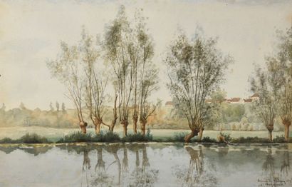 null Ecole française du XIXe siècle. Paysage Périguy. Aquarelle. Haut. : 31,3 cm...
