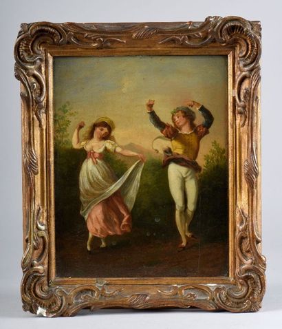 null Johann Heinrich RAMBERG (1763-1840) (?). Couple dansant. Huile sur panneau signée...