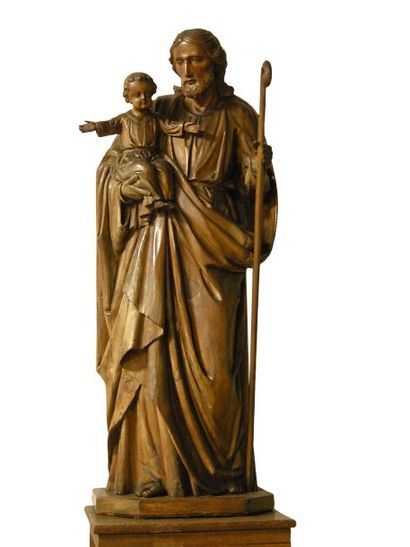 Grande statue de Saint Joseph en bois naturel...