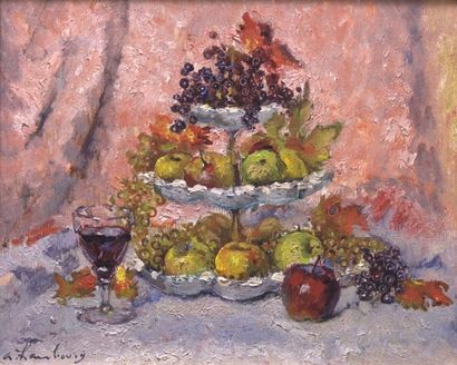 - André HAMBOURG (1909-1999) Présentoir à fruits et verre de vin Huile sur toile,...