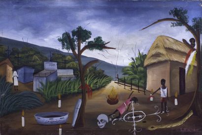 - L. SAINT-HUBERT Ecole Haitienne du XXe siècle) Scène Vaudou Acrylique sur toile...
