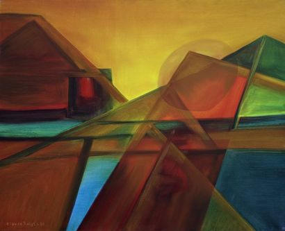 - CLAUDE ROIGT (né en 1926) Pyramides Huile sur toile signée en bas à gauche et datée...