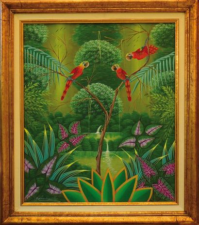 MATHIEU Franz « Les perroquets » Huile sur toile x SBG - 60 x 50