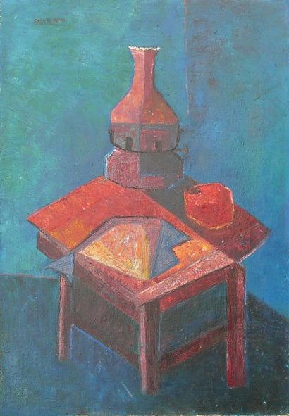 CALIXTE Henri «Vase sur fond bleu» Huile sur toile - SHtD - 60 x 40