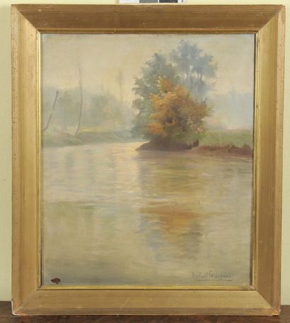 Raphaël GASPERI (XIXème siècle) Rivière calme bordée d'arbres Huile sur toile, signée...