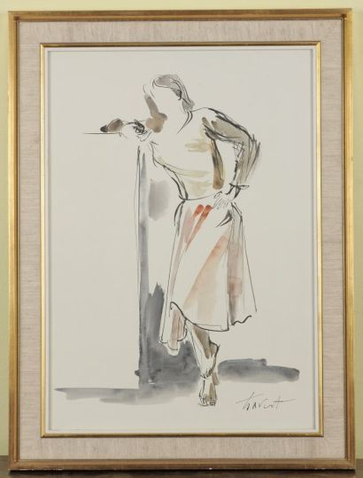 Louis TRAVERT (né à Moigné en 1919) Femme debout accoudée Plume et aquarelle, signée...