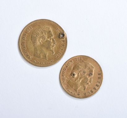 Deux pièces en or de dix Francs et cinq Francs...