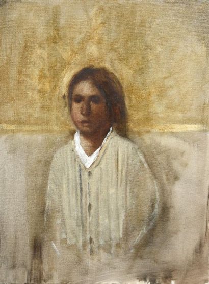 null Axel P. GEIS (né en 1970). Portrait de femme au visage sombre et col blanc....