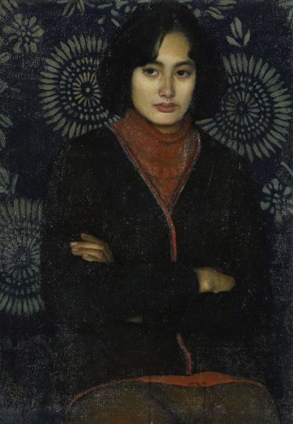 null École chinoise du XXème siècle. Portrait d'une jeune femme au col roulé rouge....