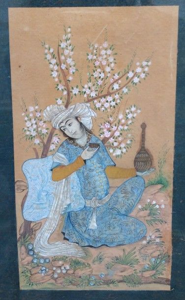null Miniature figurant un homme assis au pied d'un arbre en fleurs. IRAN, fin XIXe,...