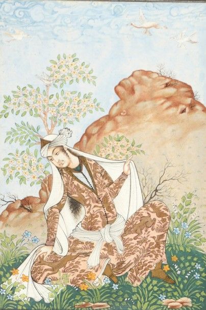 null Miniature figurant un homme assis au pied d'un rocher. Iran, fin XIXe, début...