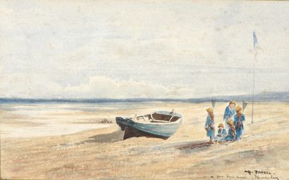 null Charles DONZEL (1824 – 1889). « Ecolières sur la plage ». Aquarelle, signée...
