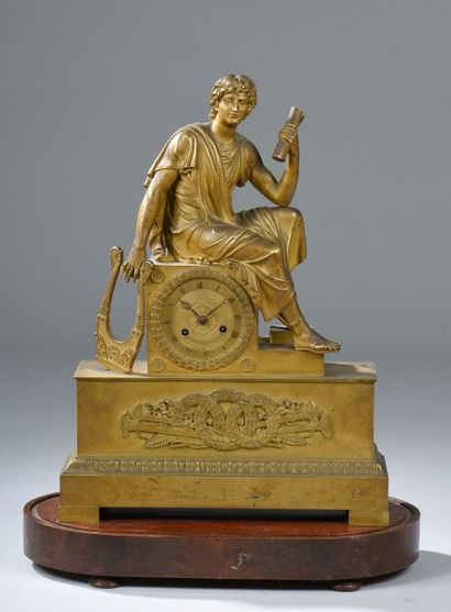 null Pendule en bronze doré et ciselé à décor d'un musicien et sa lyre (avec socle,...