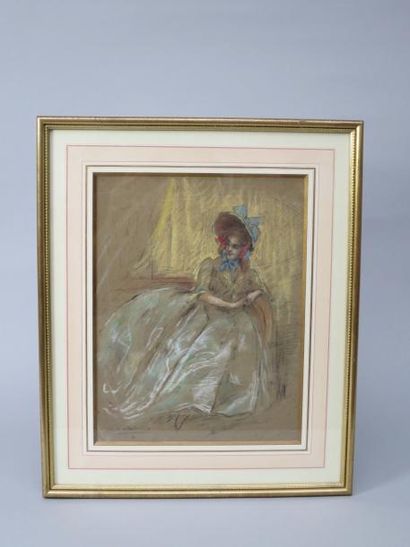 null * Antoine CALBET (1860-1944). Elegante assise. Dessin au pastel, crayon noir...