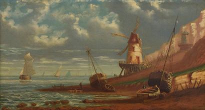 null Paul Jean CLAYS (1819 - 1909). Paysage de bord de mer aux moulins. Huile sur...