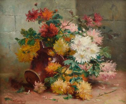 null Eugène Henri CAUCHOIS (1850-1911), Jeté de chrysanthèmes. Huile sur toile signée...