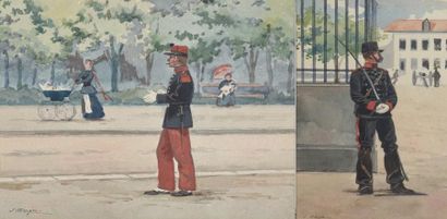 null Jules MONGE (1855-1934), Soldat de garde et Soldat dans un parc. Deux aquarelles,...