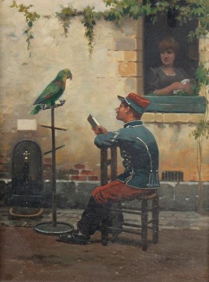 null Jules MONGE (1855-1934), Soldat et perroquet, huile sur toile signée en bas...