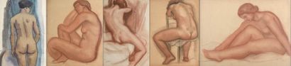 null René GEN (1885-1942). Nus féminins. Quatre dessins à la sanguine et au crayon...
